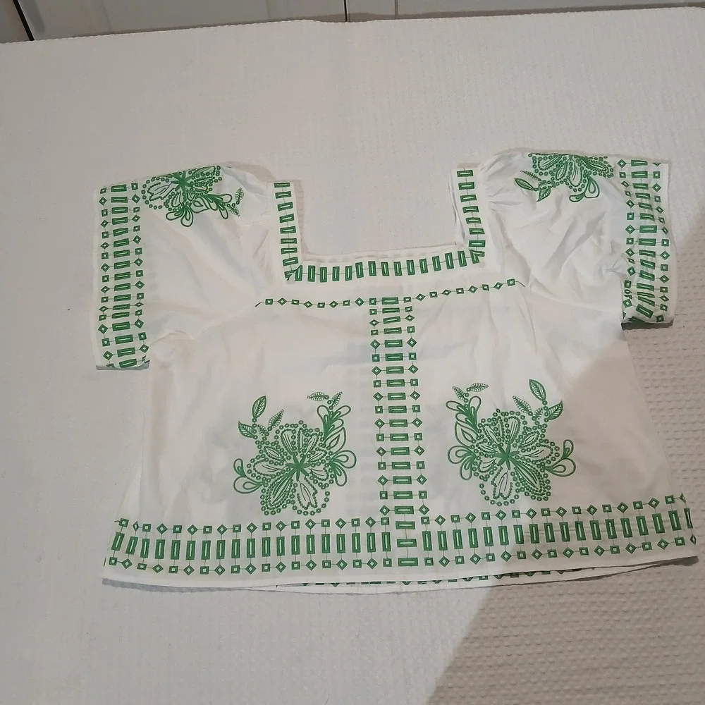 Sugarlips Womens 2X White Green Embroidered Square Neck Puff Sleeve Blouse Top